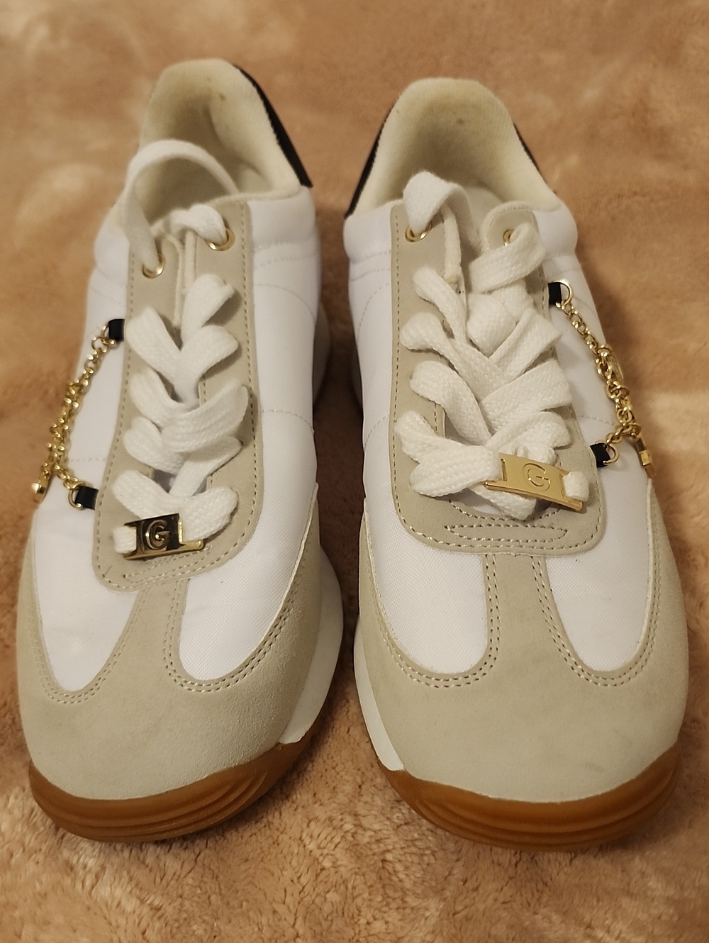 White and Taupe Women's Fashion Sneakers with Gold Accent